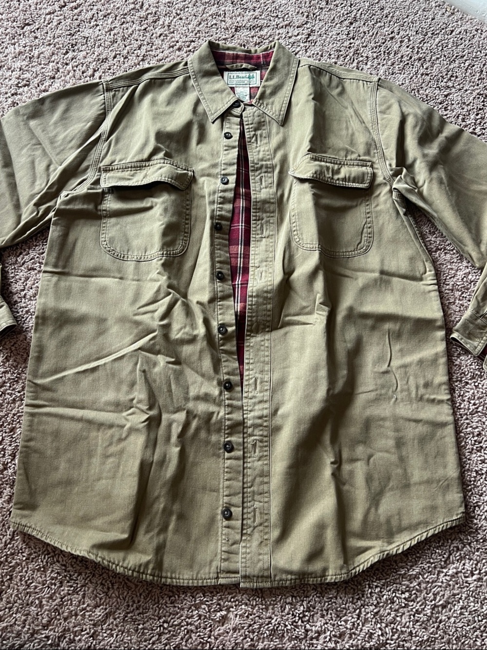 LL Bean Men's Olive Khaki Workshirt Jacket with Plaid Flannel Lining M-Tall